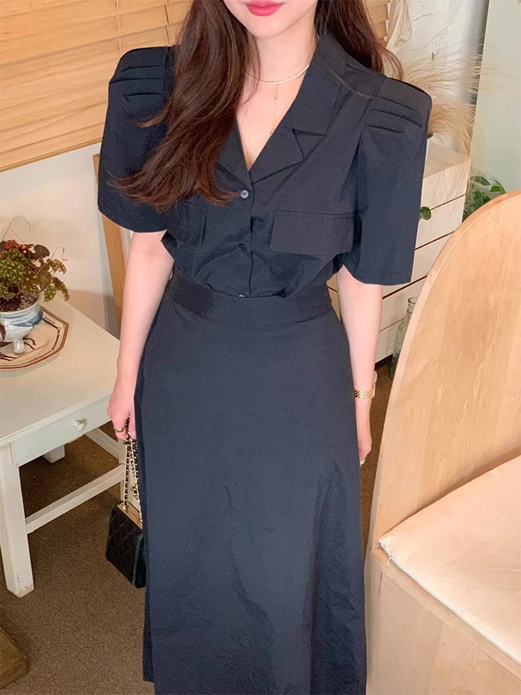 Liangliang retro terno colarinho plissado ort sve irt feminino verão nova faion cintura alta conjunto de saia evasê