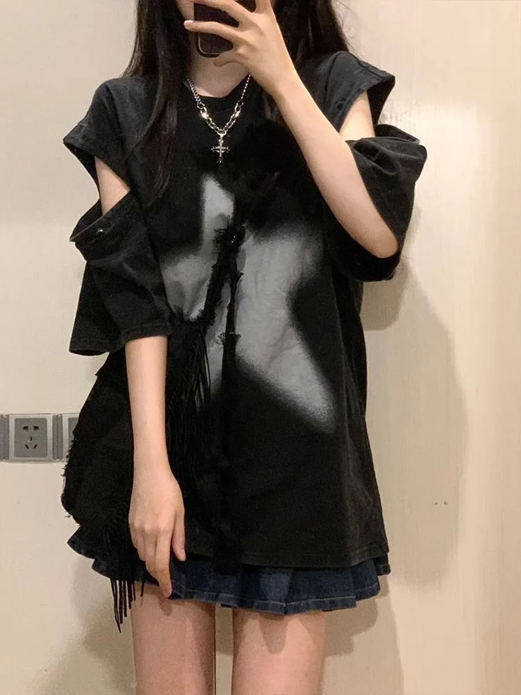 

Съемная американская футболка с коротким рукавом для женщин, летняя уличная одежда, повседневный топ с круглым вырезом, в стиле панк Y2K, для модниц в стиле миллениум