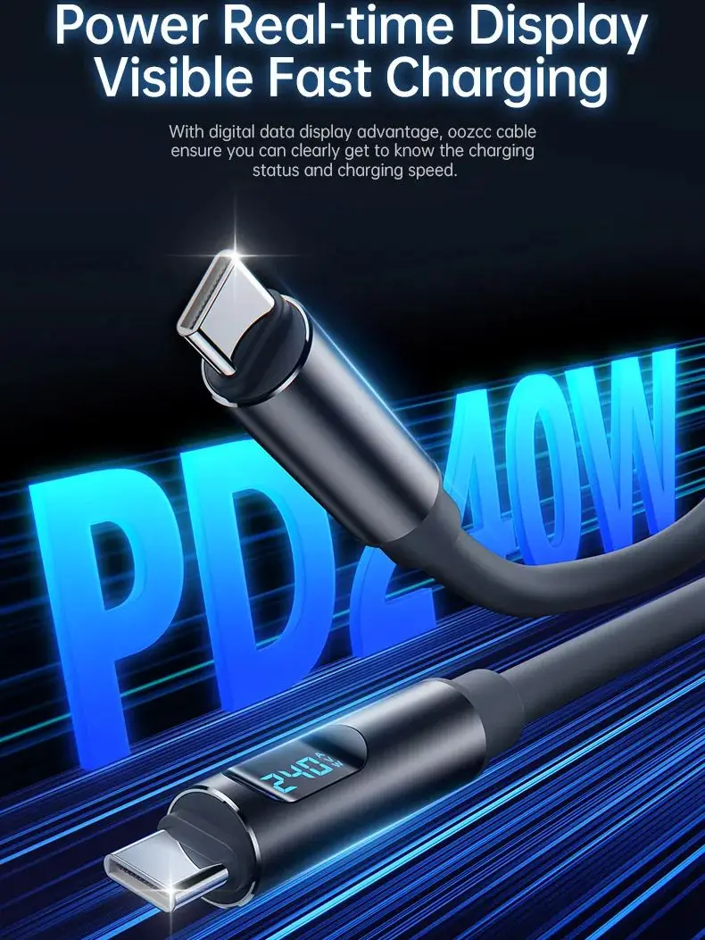 Kabel do super szybkiego ładowania 240W, dynamiczny wyświetlacz LCD, kabel Type-C do Type-C PD, do iPhone, Redmi, POCO, Samsung — 2