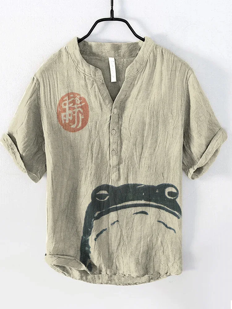 Men's Vintage Hawaiian Art Print Wave Series 3D Digital Printed Casual Loose Short Sleeve Shirt Plus Size