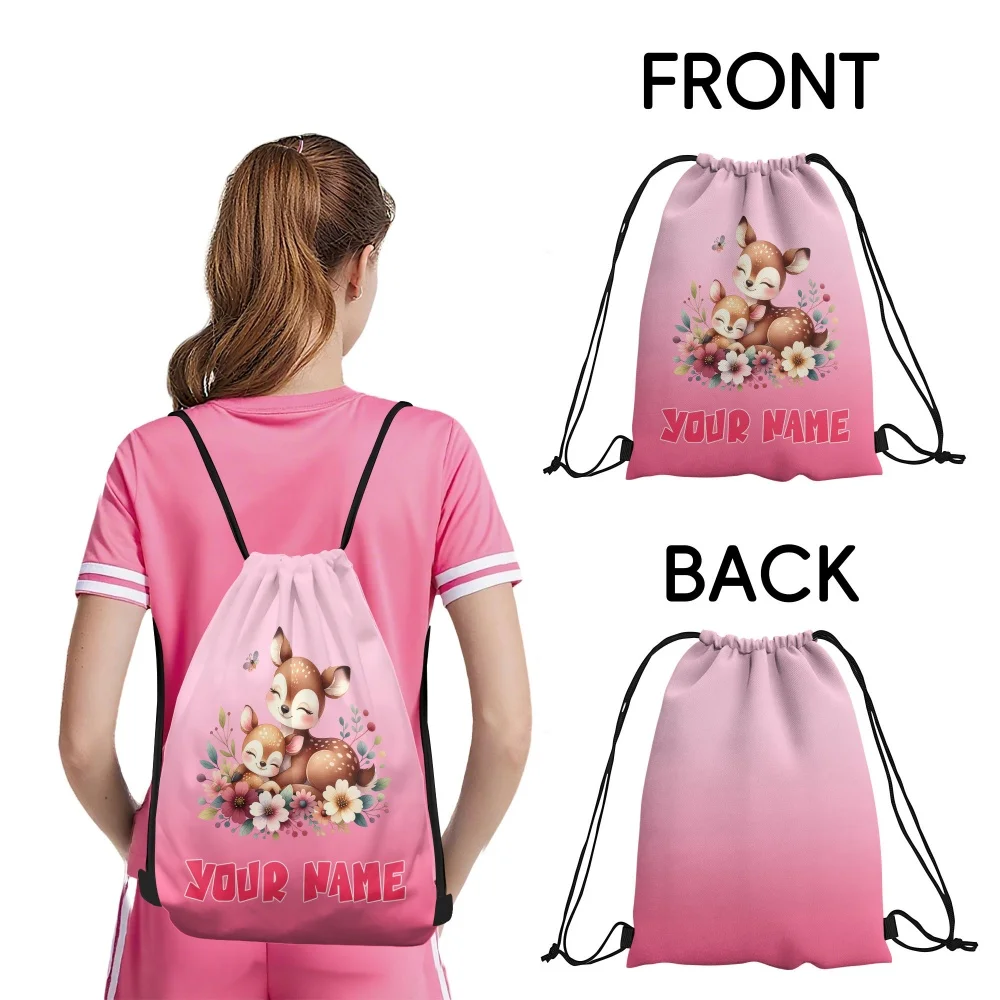 1Pc Personalized Custom Name/Text Drawstring Bag, Cute Little Deer Storage Pouch, Lightweight Travel Bags Gym Backpack