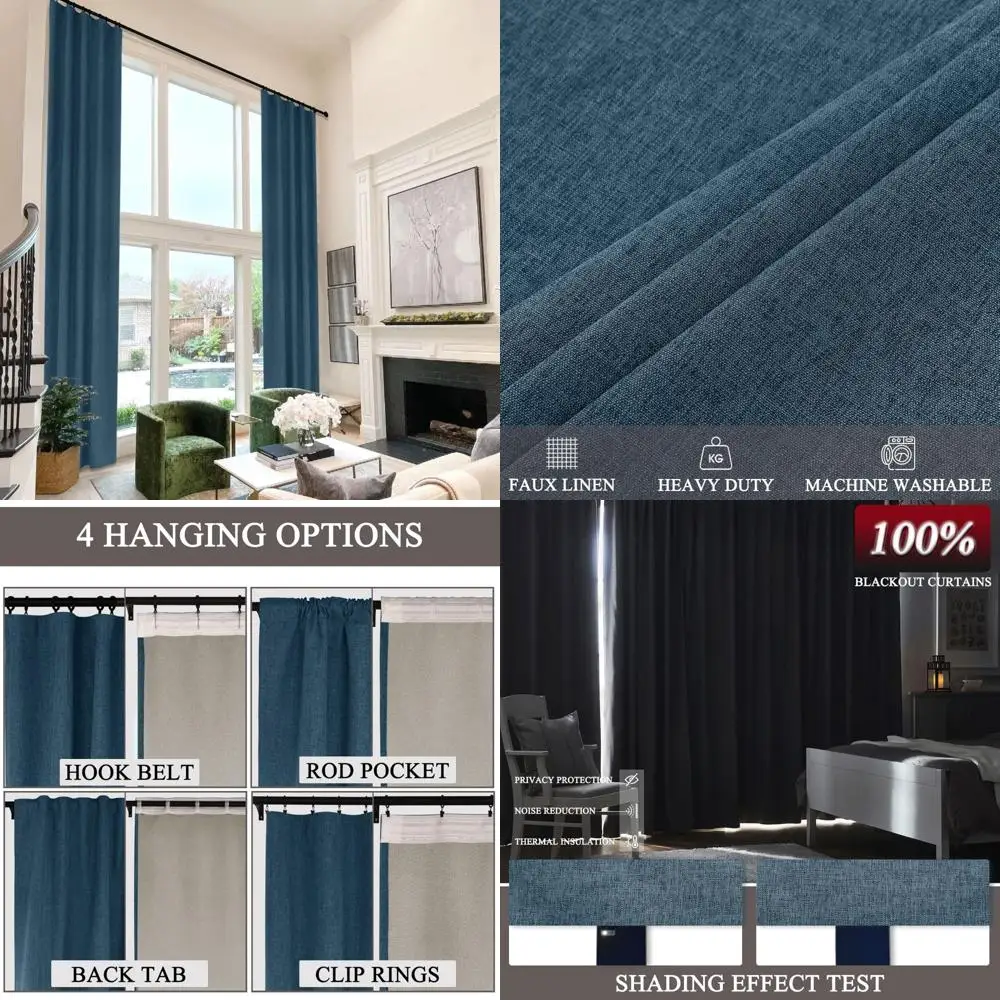 Fcosie Tall Faux Linen 100% Black Out Curtain 108 Length / 9 10 12 14 15 16 17 18 20 24ft Extra Long Blackout 4-in-1 Drape Rod P