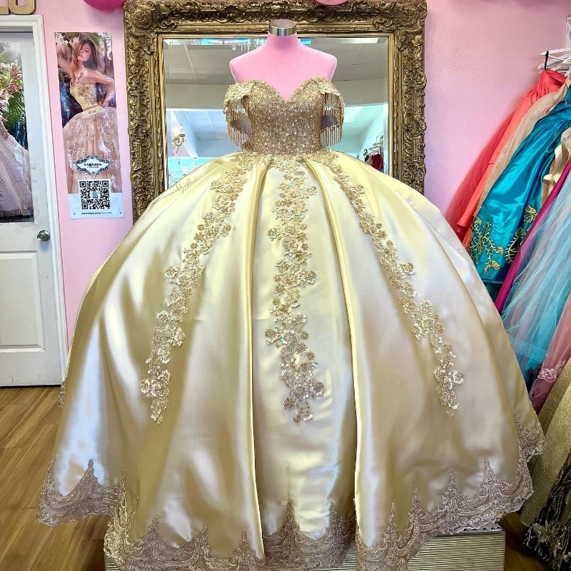 Ouro Brilhante Quinceanera Vestidos com Contas, 3D Flower Applique, Aniversário Princesa Vestidos de Baile Formais, XV Anos 15, Mexicano