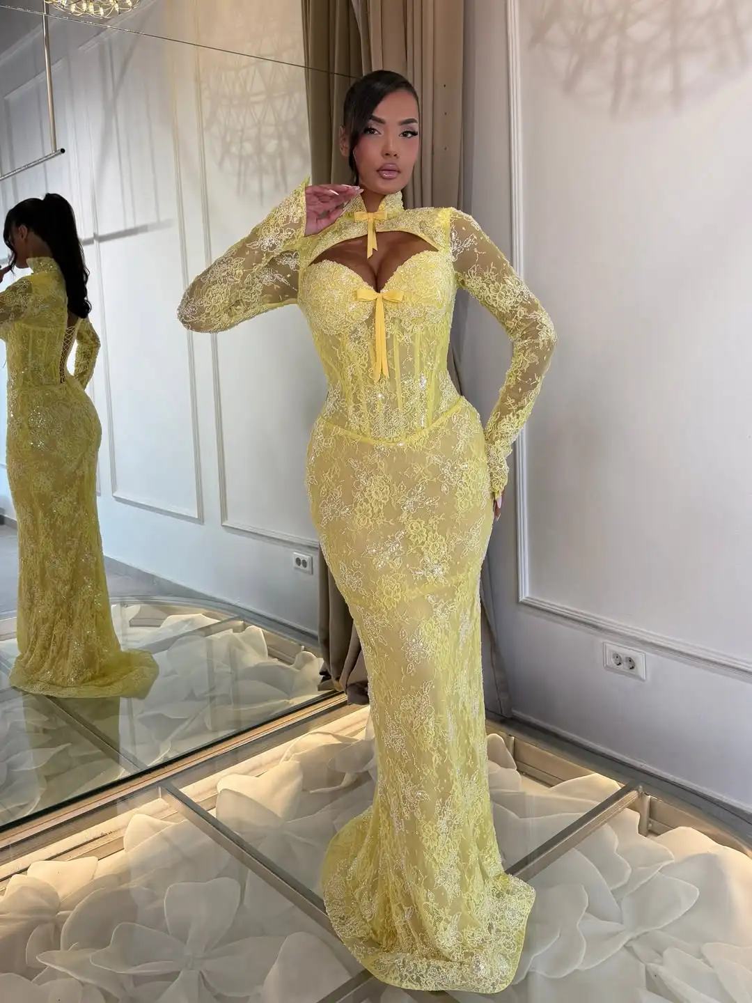 Yellow Long Sleeve Lace Mermaid Evening Dress Women High Neck Cut Out Bow Detail Formal Party Prom Gown