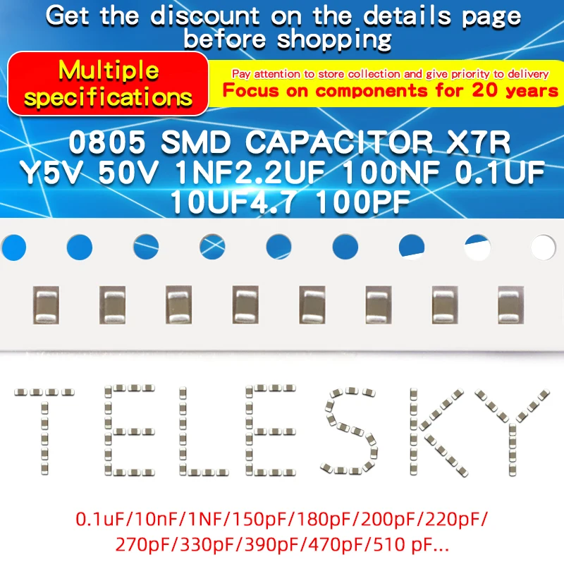 100szt 0805 SMD Kondensator chipowy X7R COG 10V 16V 25V 50V 1pF 4.7pF 10pF 20pF 22pF 100pF 104pF 470pF 1uF 10uF 1nF 10nF 100nF 220nF
