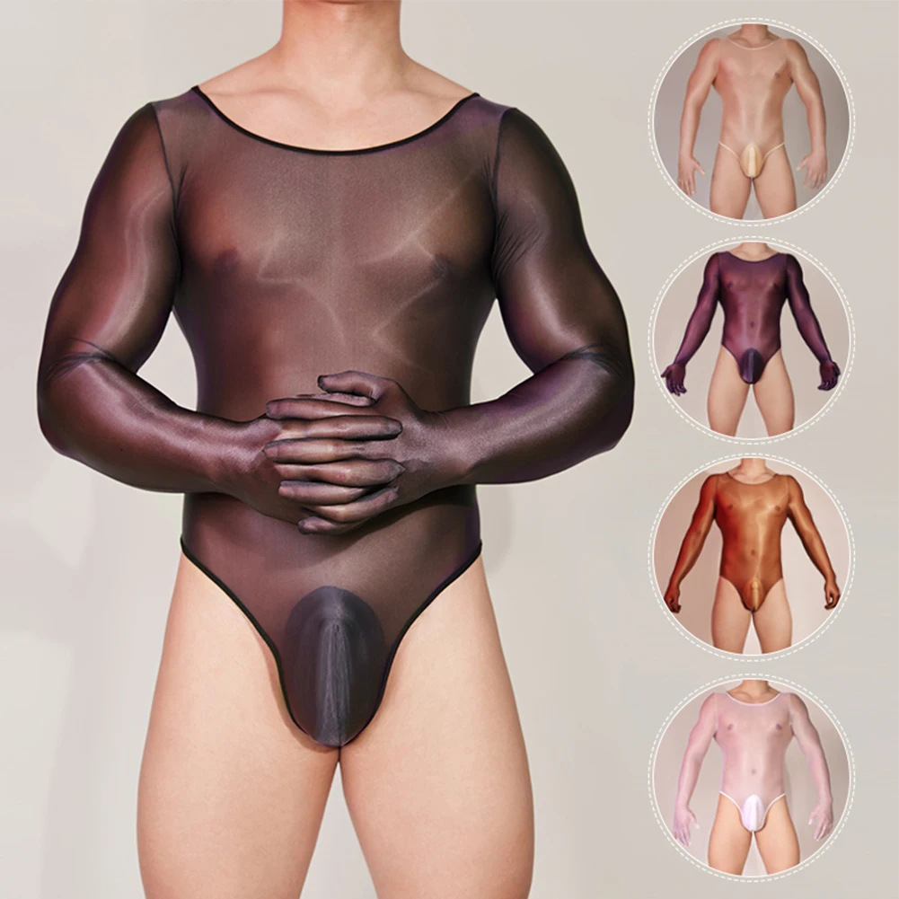 Men Oil Glossy Five Finger Bodysuit See Through Leotard Long Sleeve Bodycon Erotic Lingerie Breathable Sex Clothes Gay Underwear