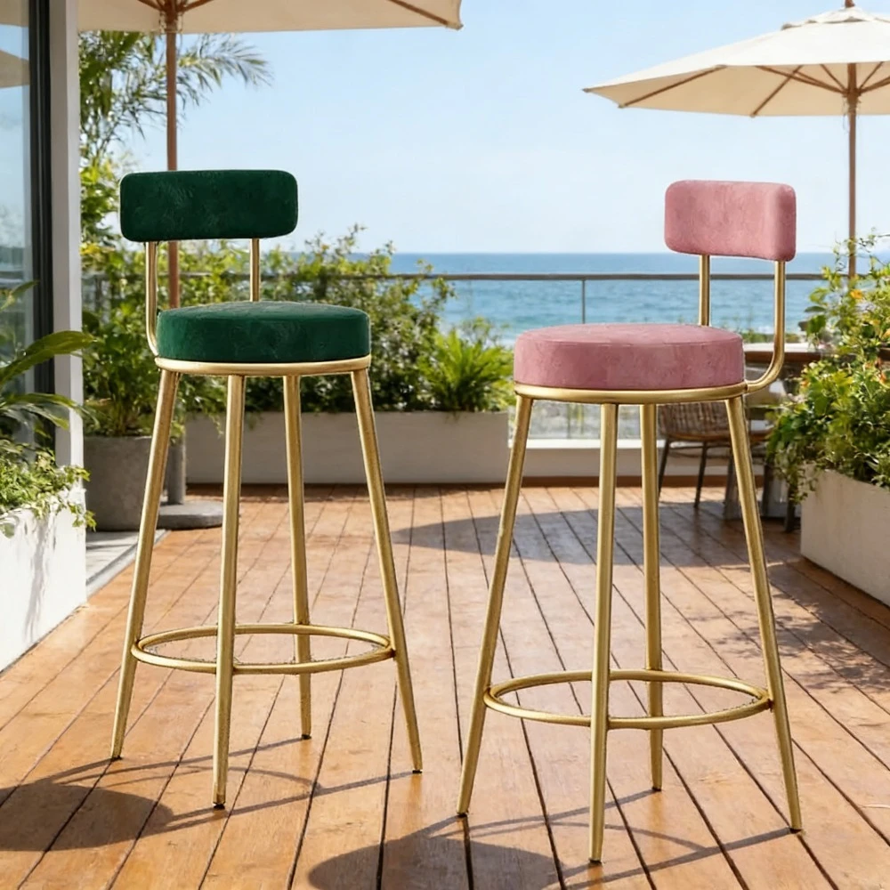 Nordic Modern Bar Stools with Backrest, Iron Art Velvet Kitchen Counter Stools,Adjustable Height Cafe Bar Chair, Home Work Stool