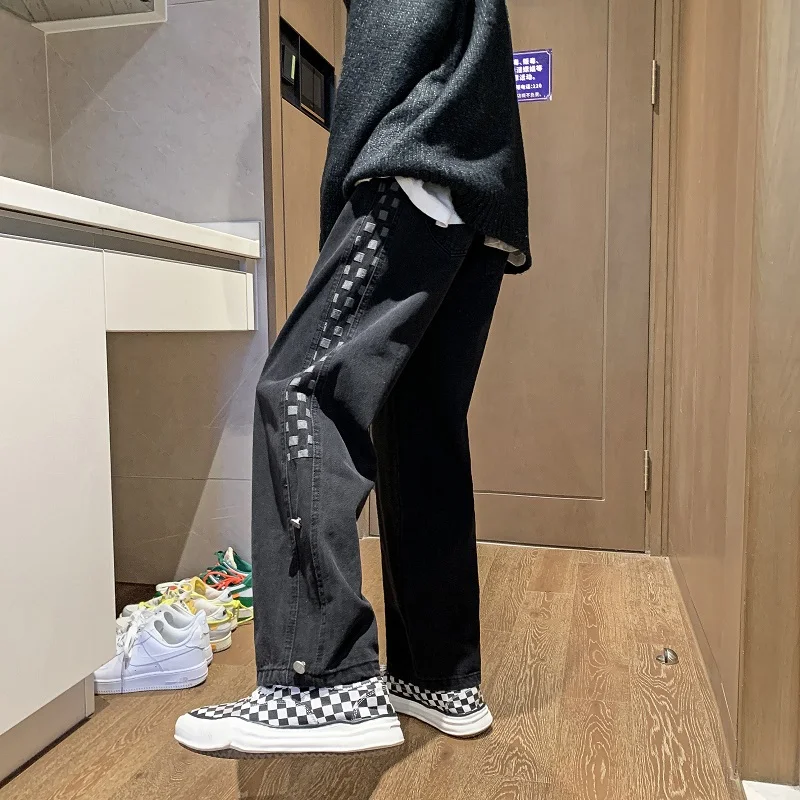 

Trendy Loose Straight Leg Men's Jeans Spring Autumn Plaid Design Classic Straight Footwear for Youth Fashionable Streetwear