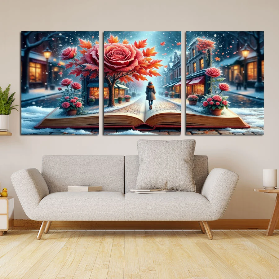 Fullcang Fantasy Book Street Winter Scenery Diy Diamond Art For Adults Painting Triptych Full Mosaic Embroidery Picture 3Pcs/set