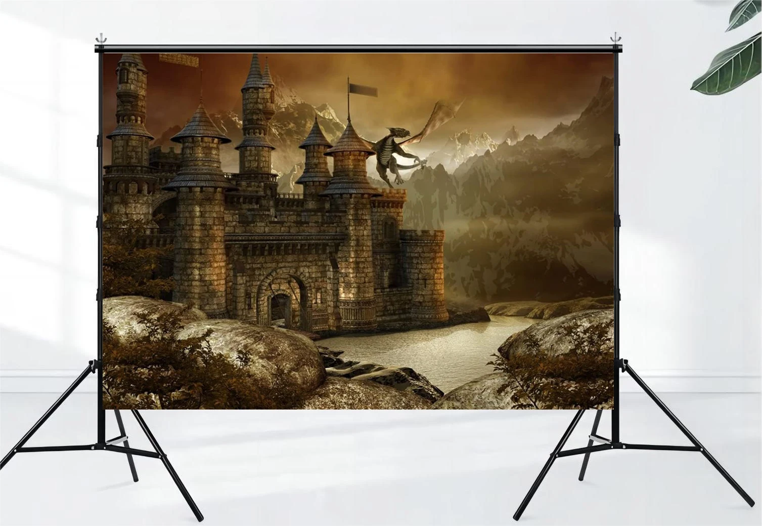 Fabric Fantasy Fairy Tale Castle Background Dragon Scene Medieval Architecture Mountain and Lake Photography Background