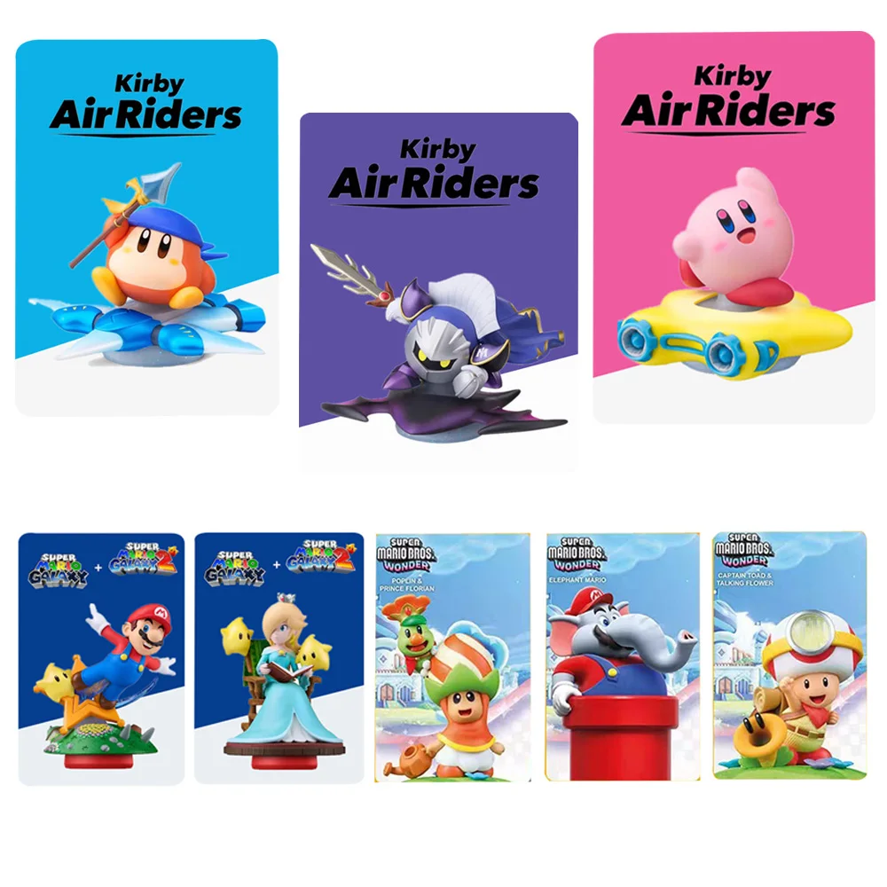 Tarjetas de la serie Kirby Air Riders: Bandana Waddle Dee, Kirby con alas, Kirby Warp Star, Meta Knight y Kirby Shadow Star
