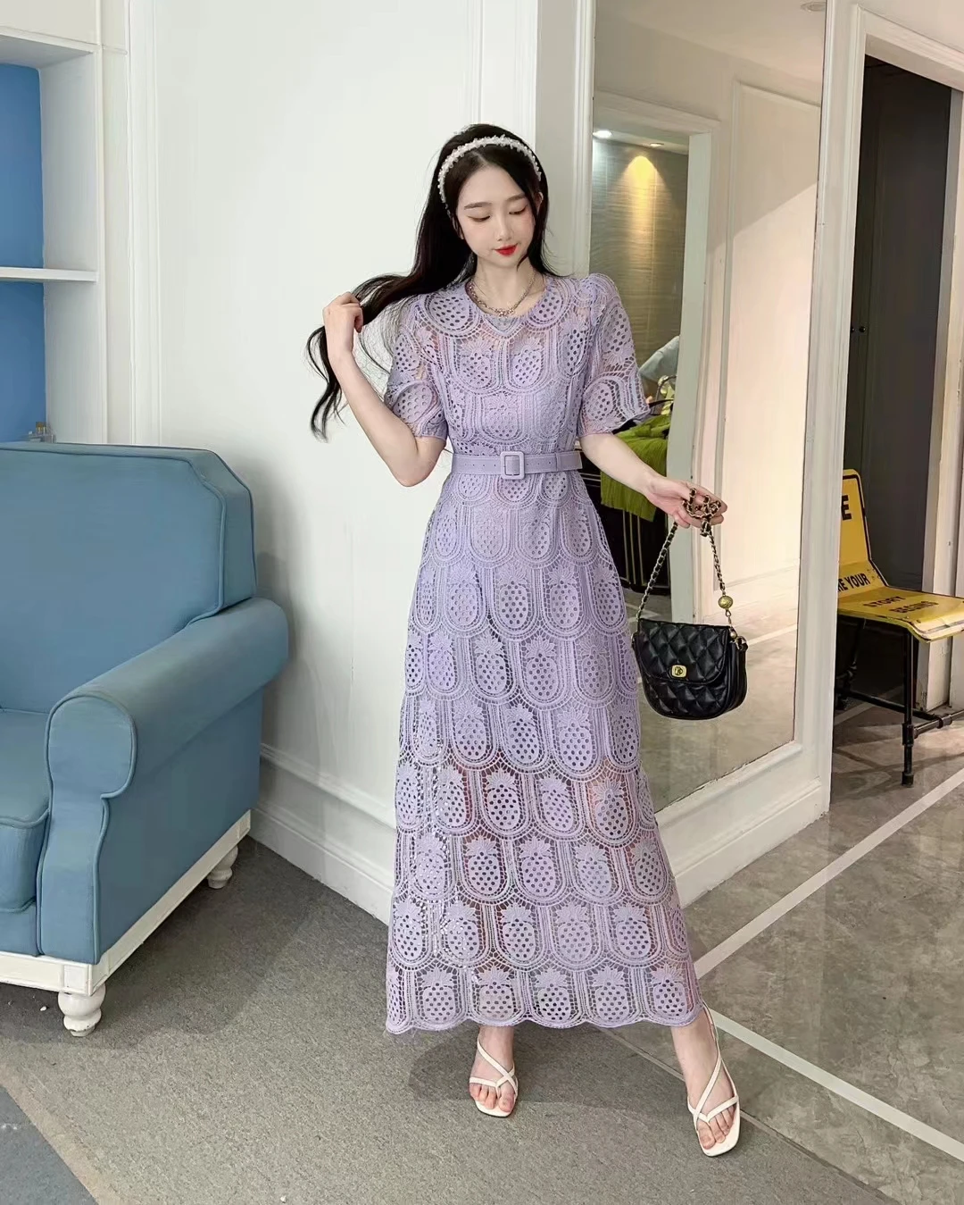 2023 New Summer Women O-Neck Short Sleeve Belt Slim Long Dress High Quality Fashion Pineapple Crochet Hollow Lace Dress