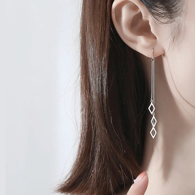 CIAXY Silver Color Geometric Rhombus Earrings for Women Temperament Tassel Long Ear Line Earring 2021 Fashion Jewelry Gift