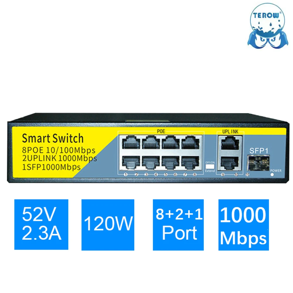 TEROW POE Gigabit Switch 8 Port 100Mbps POE +2 Port 1000Mbps Uplink and SFP with 52V Internal Power 250M for Network IP Cameras