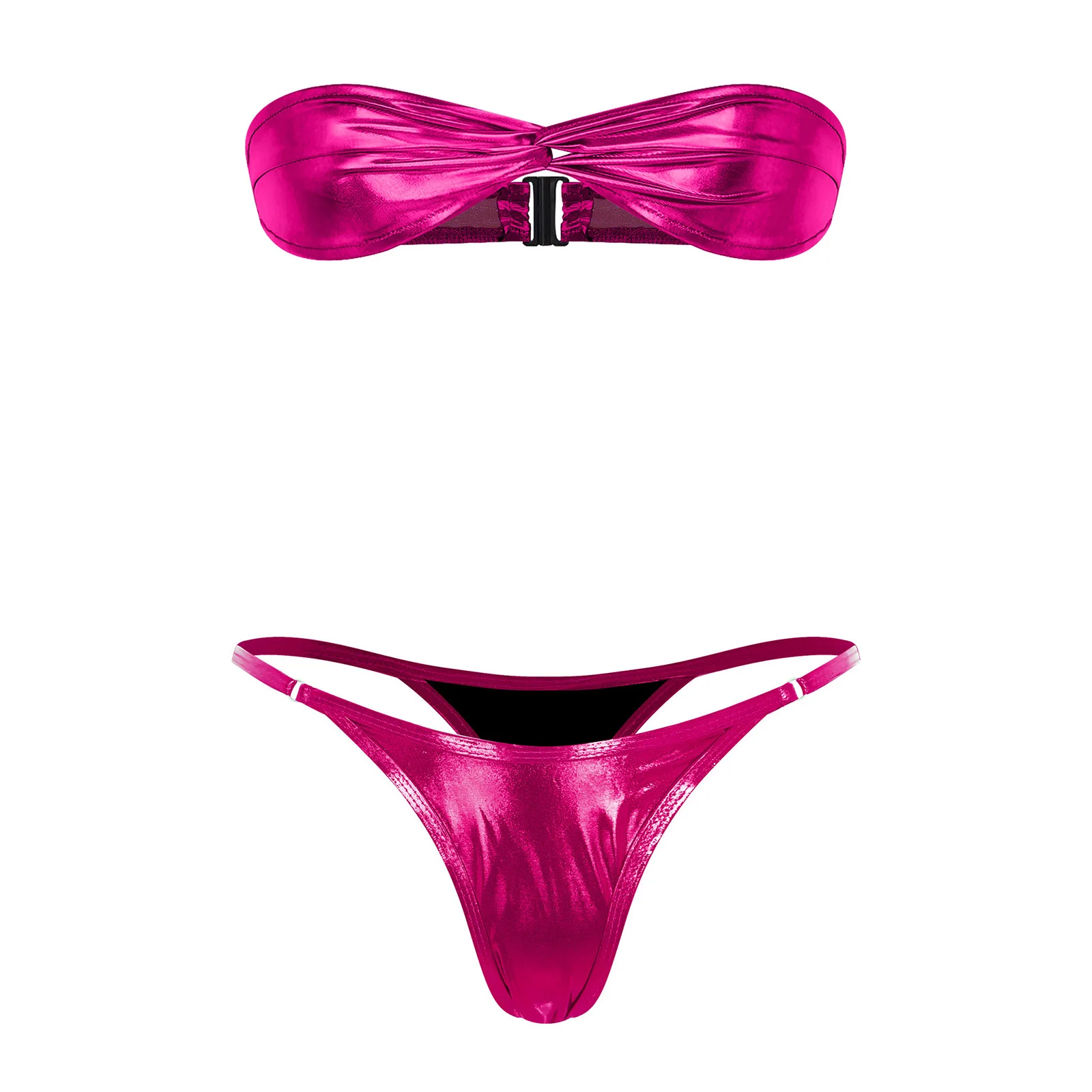 

Женский микро-бикини комплект: блестящий металлический топ без бретелек и стринги-танга для пляжа, бассейна, вечеринок и загара