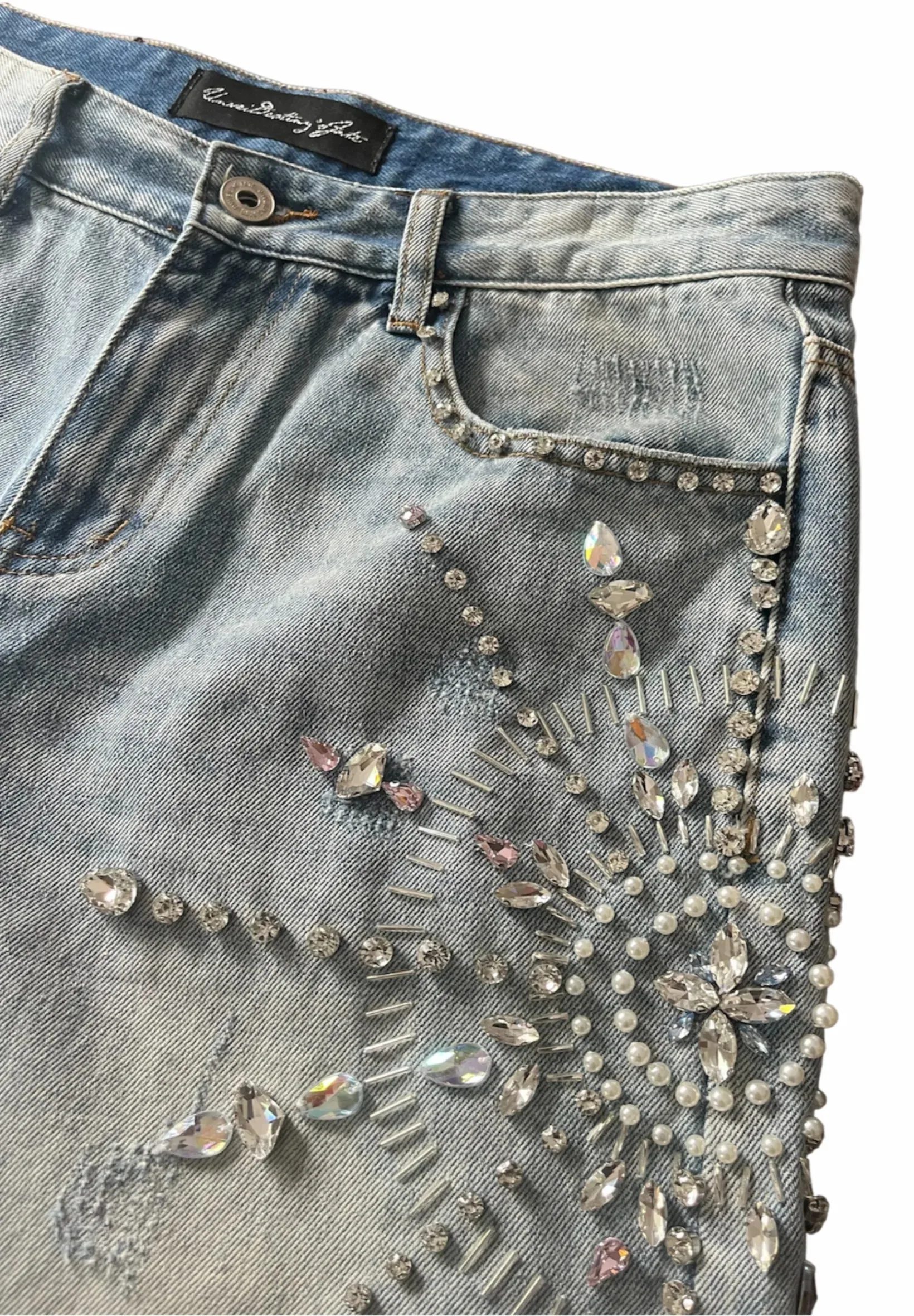 Streetwear Rhinestone Rivet Denim Shorts Harajuku Hip Hop Cross Diamond Light Blue Shorts Gothic Casual Fashion Pants Men Women