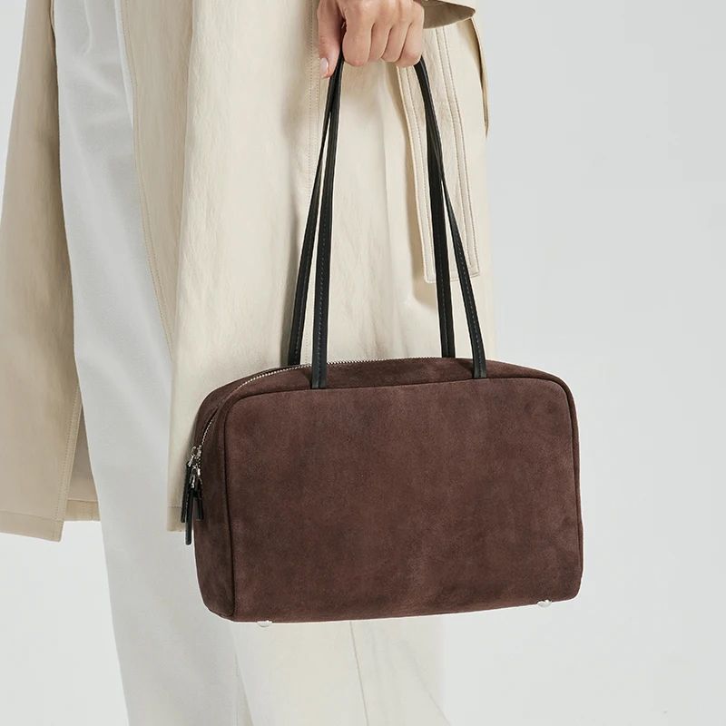 New winter Women's suede leather Boston bag Genuine Leather Crossbody Bowling Bag female Luxury Square tote Shoulder Handbags