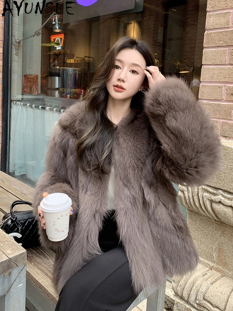 AYUNSUE 2025 ใหม่ฟ็อกซ์ขนสัตว์เสื้อแจ็คเก็ตผู้หญิงกลางความยาวแฟชั่นขนสัตว์จริงแจ็คเก็ตเสื้อผ้าผู้หญิงหรูหราOuterwears Abrigo Mujer