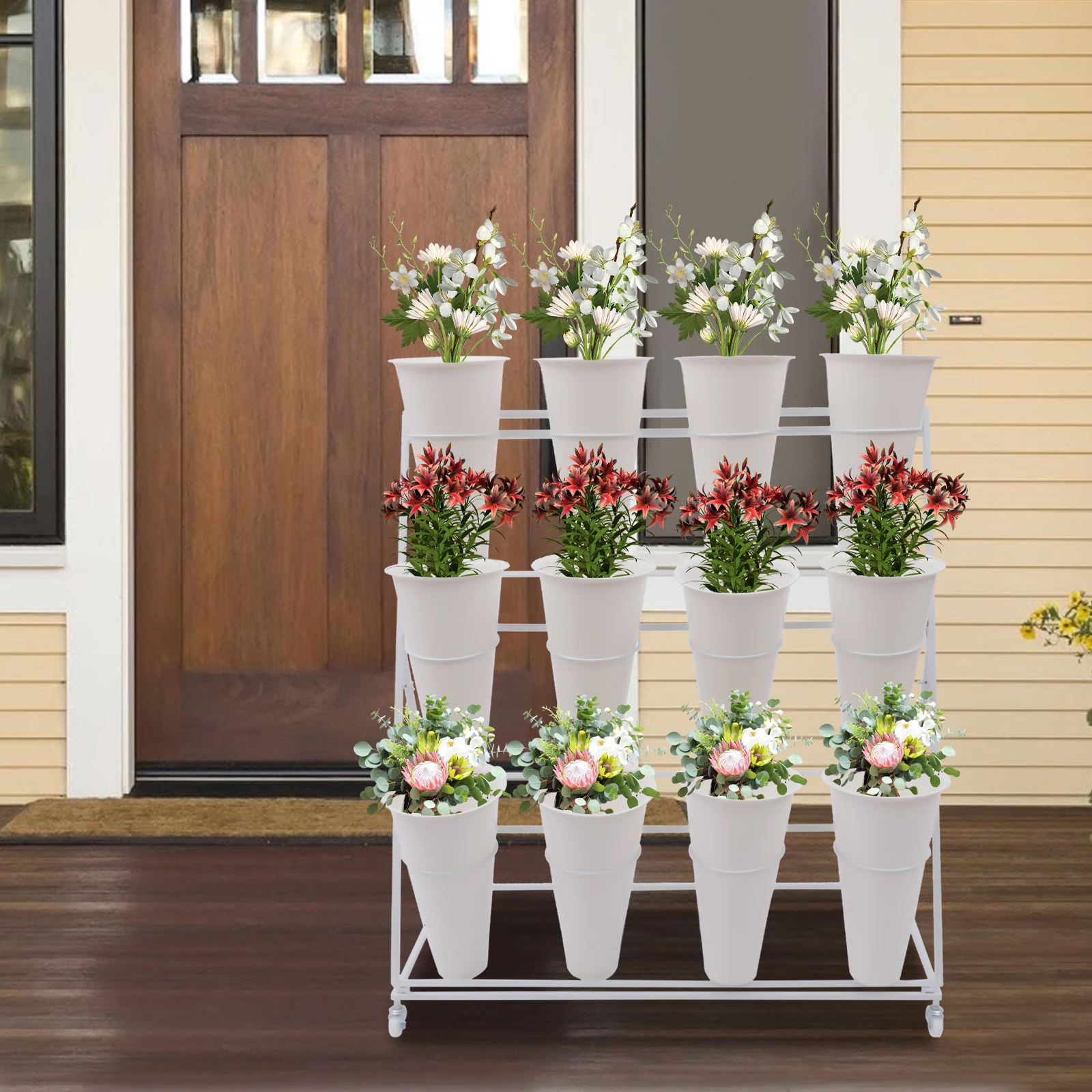 12PCS Buckets W/Flower Display Stand 3 Layers Plant Cart W/Wheels Heavy Duty Moving Flower Rack for Garden Florist Balcony