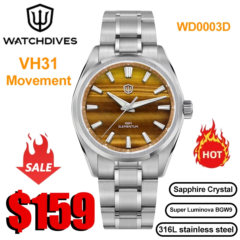 Watchdives WD0003D Quartz Watch VH31 Sweep Seconds Movement 38mm Natural Stone Dial Sapphire Luminous 100m Waterproof Men Wristw