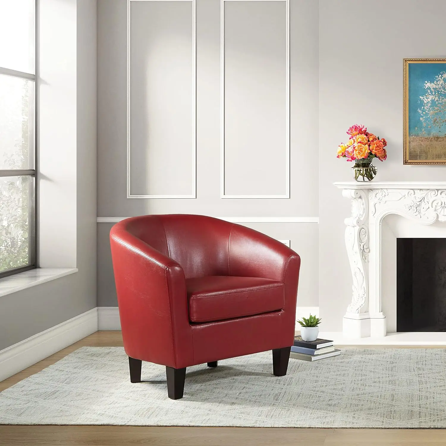 Ethan Tub Accent Chair With Dark Espresso Wood Legs, Cranberry Faux Leather