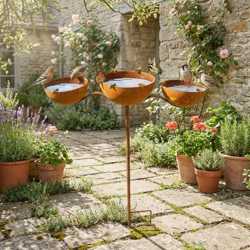 Bird Water Dispenser Rotatable 3-Tiered Bird Bath Metal Rusted Bird Water Bowls Decorative Handmade Birdbath Stand Outdoor