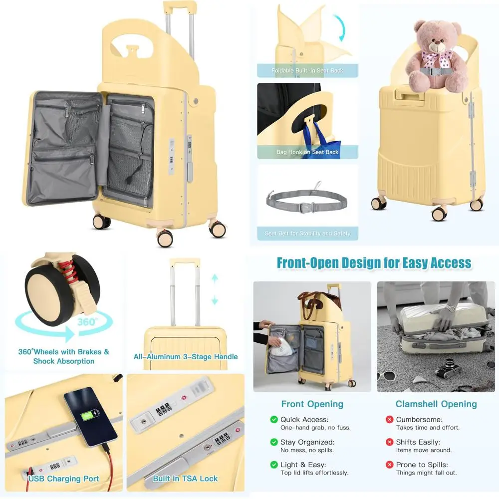 

20" carry-on luggage with seat for kids & adults, lightweight hardside ride-on suitcase with front opening, tsa lock, 360° spinn