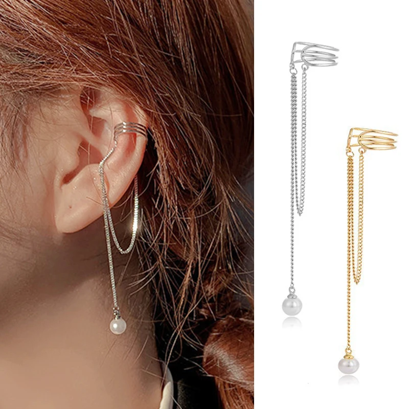 Long Y2k Ear Bone Clip Earrings for Women 1PC Kpop Chain Hanging Ear Cuff Non Piercing Cartilage Orbital Earing Jewelry EF044