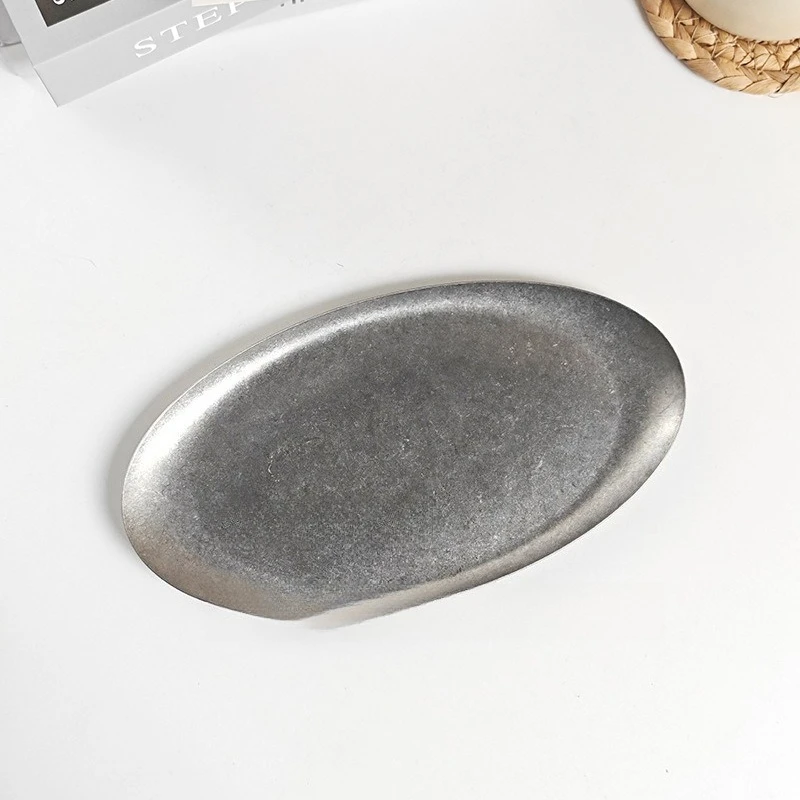 1pcs Retro Stainless Steel Trays, Sushi Plates, Snack Plates, Pastry Plates, Oval Shallow Plates, Industrial-style Tableware