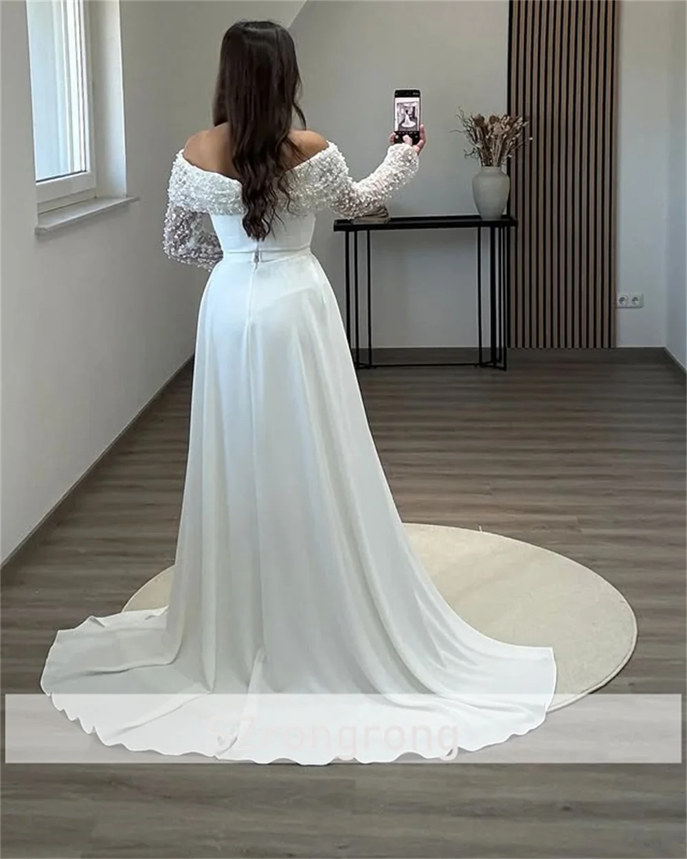 Robe de soirée en Satin à manches longues, col carré rayonnant, personnalisée, avec perles, dos nu, gaine, traîne détachable, robe de bal arabe