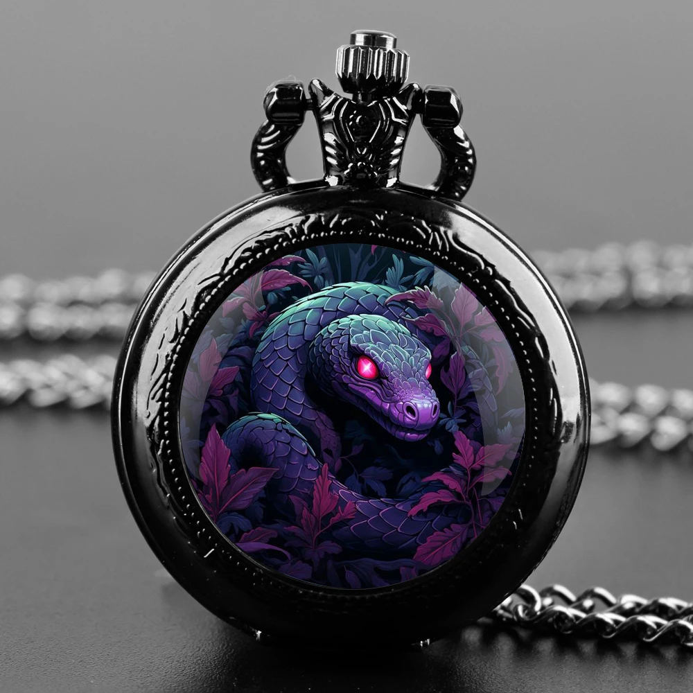 Delicate Gifts Quartz Pocket Watch Dark Snake Design Glass Dome Necklace Pendant for Mens Womens