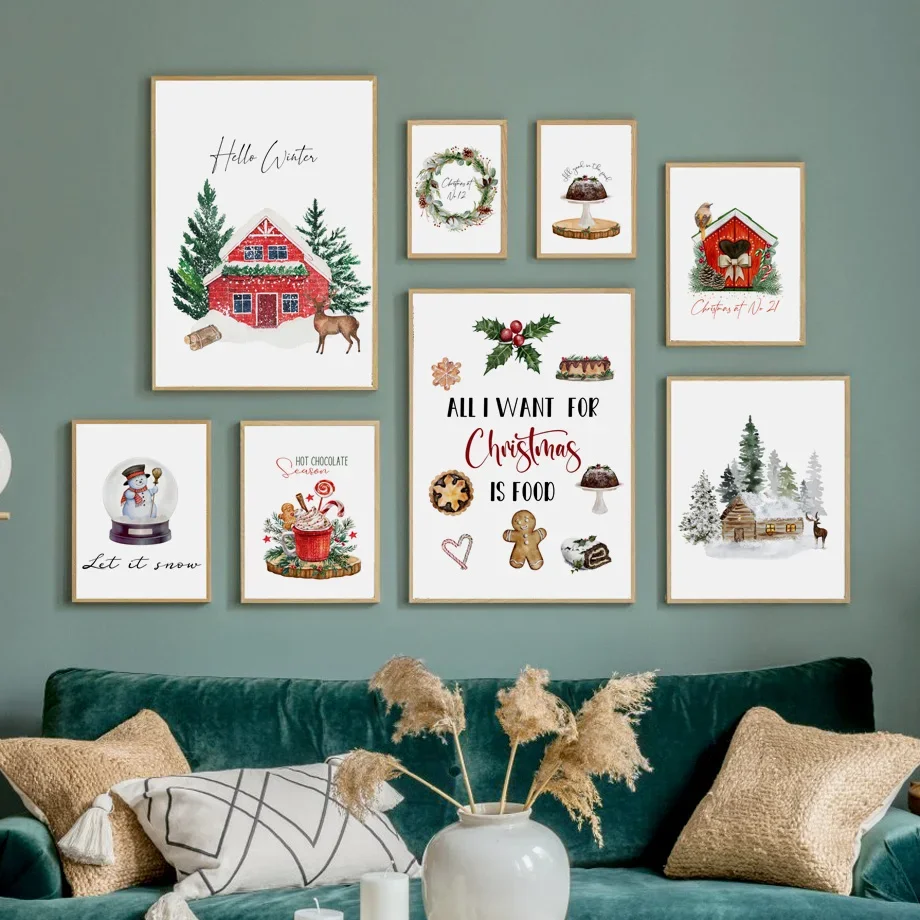 

Merry Christmas Snow Forest House Sleigh Hot Chocolate Cake Winter Posters Of Wall Art Canvas Prints Pictures Holiday Home Decor