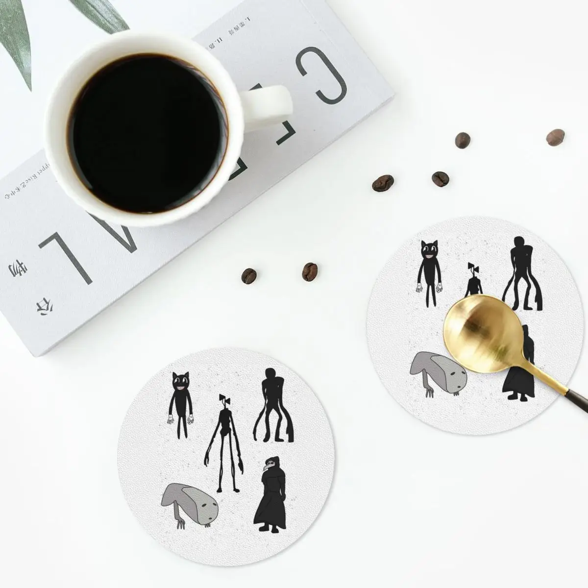 Siren Head, Breaking News, Witch Dr, Bridge Worm, Cartoon Cat - Juego de 6 posavasos de PVC y cuero para café y comedor