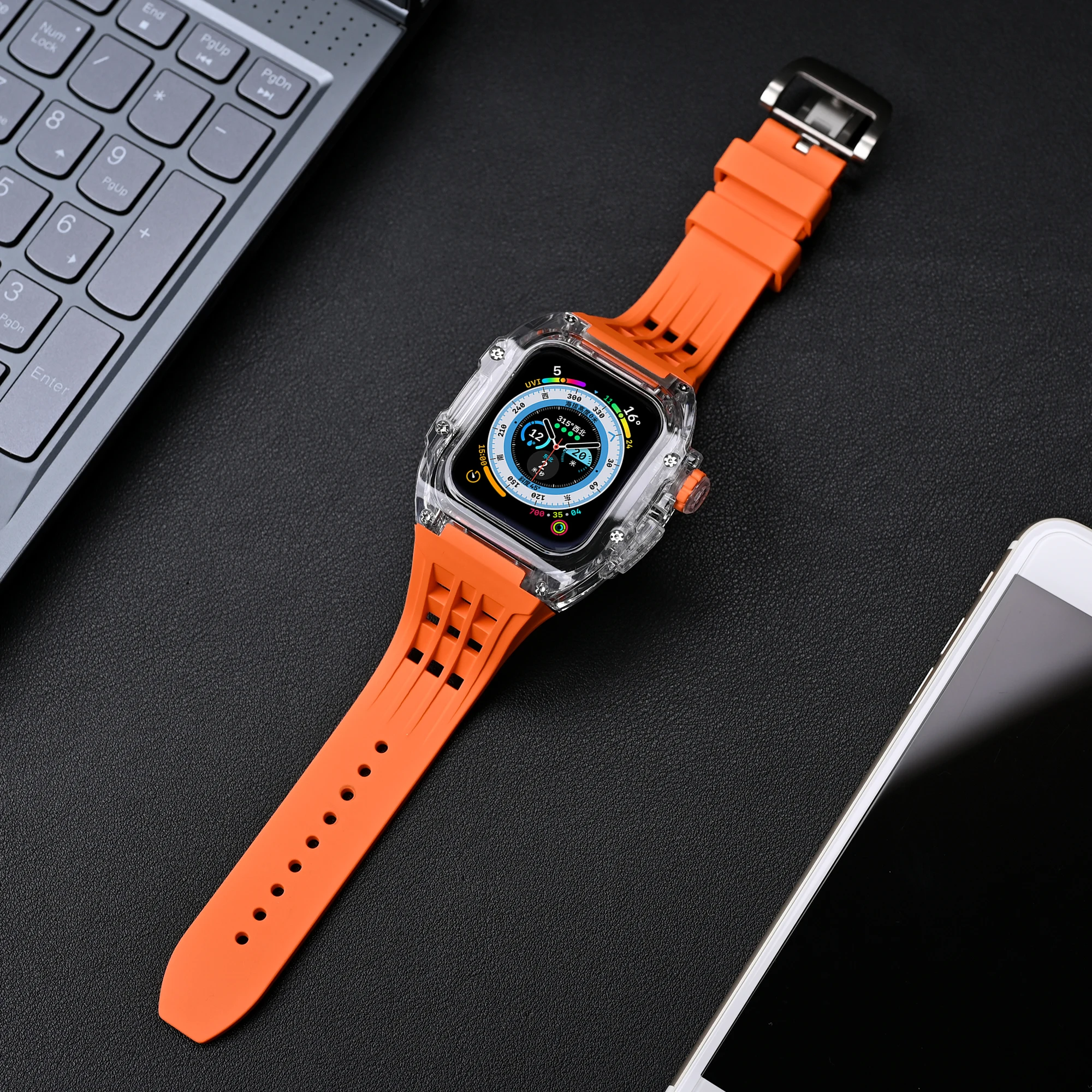 Transparent Luxury Case for Apple Watch Ultra 49mm 45mm 44mm, Stainless Steel Buckle Band for iWatch 8/7/6/5 DIY Modification