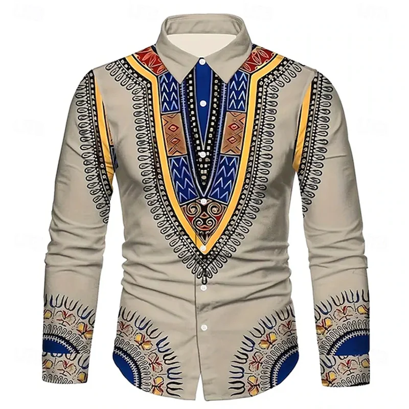 Men's ethnic pattern button down shirt casual formal shirt long sleeve retro vacation daily street summer spring lapel shirt
