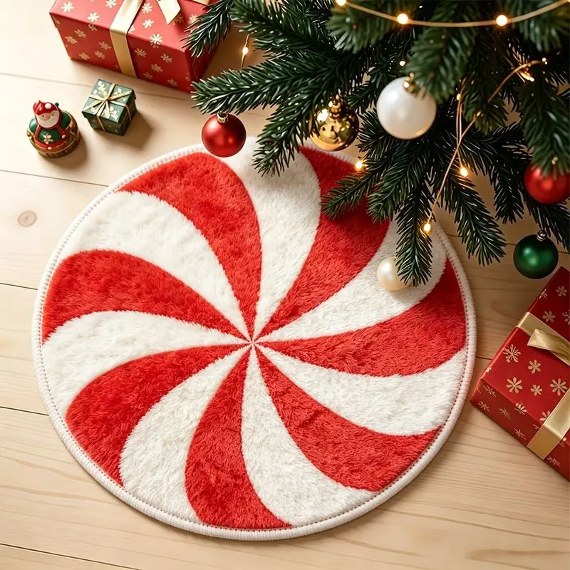 VIKAMA Peppermint Candy Round Rug Christmas Swirl Print Circular Mat Non Slip For Living Room Bedroom Bathroom Holiday Decor
