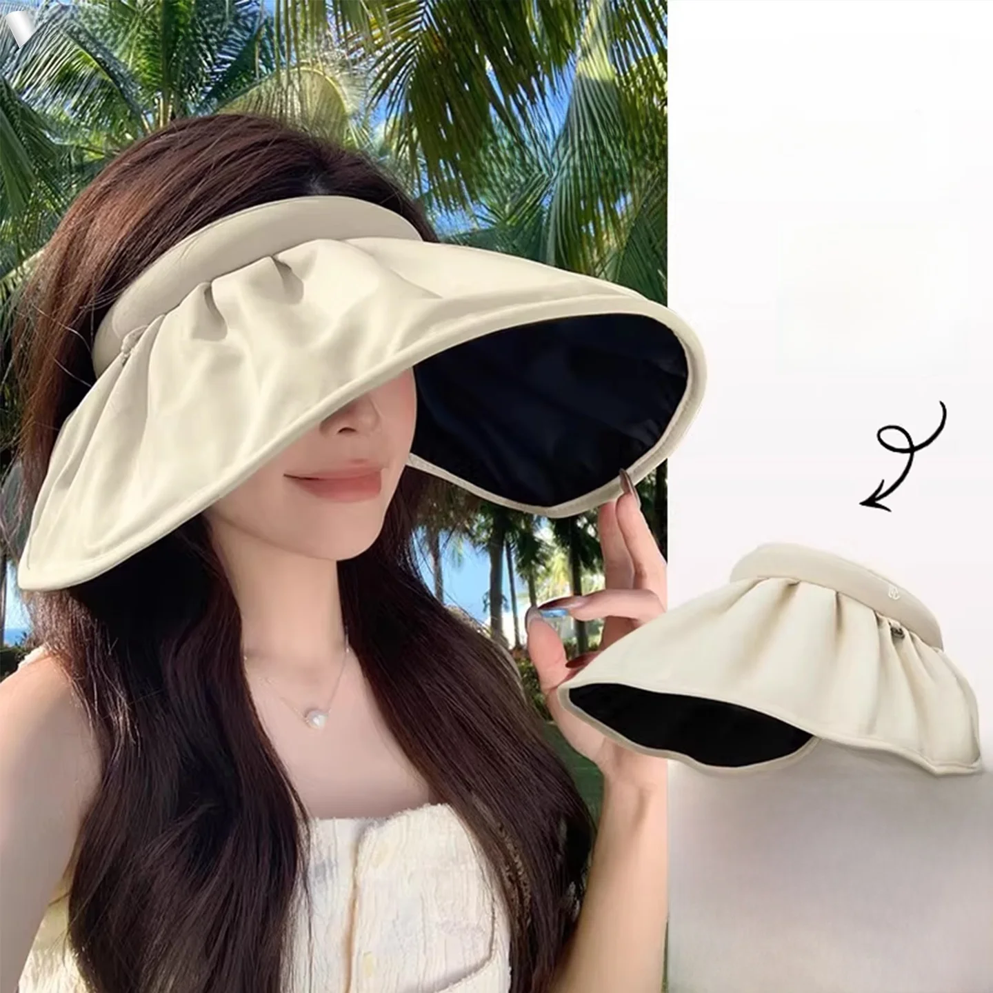 outdoor-women's-cap-large-brim-black-glue-foldable-sunscreen-hat-adjustable-hairband-sunshade-cap-uv-protection-hat