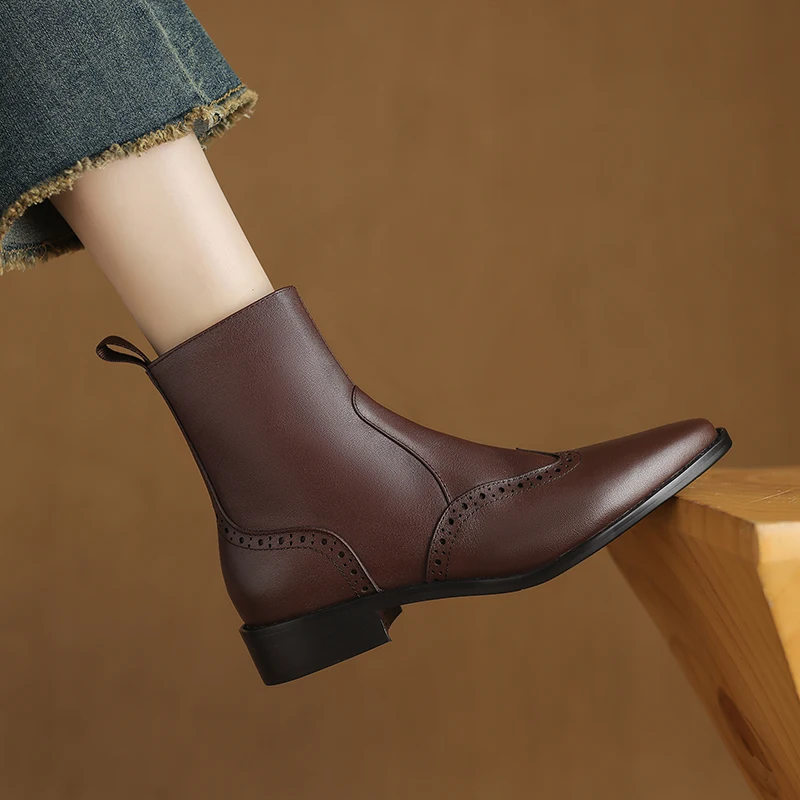 2024 Autumn/winter Women Shoes Genuine Leather Western Boots Women Shoes Round Toe Chunky Heel Chelsea Boots Retro Ankle Boots