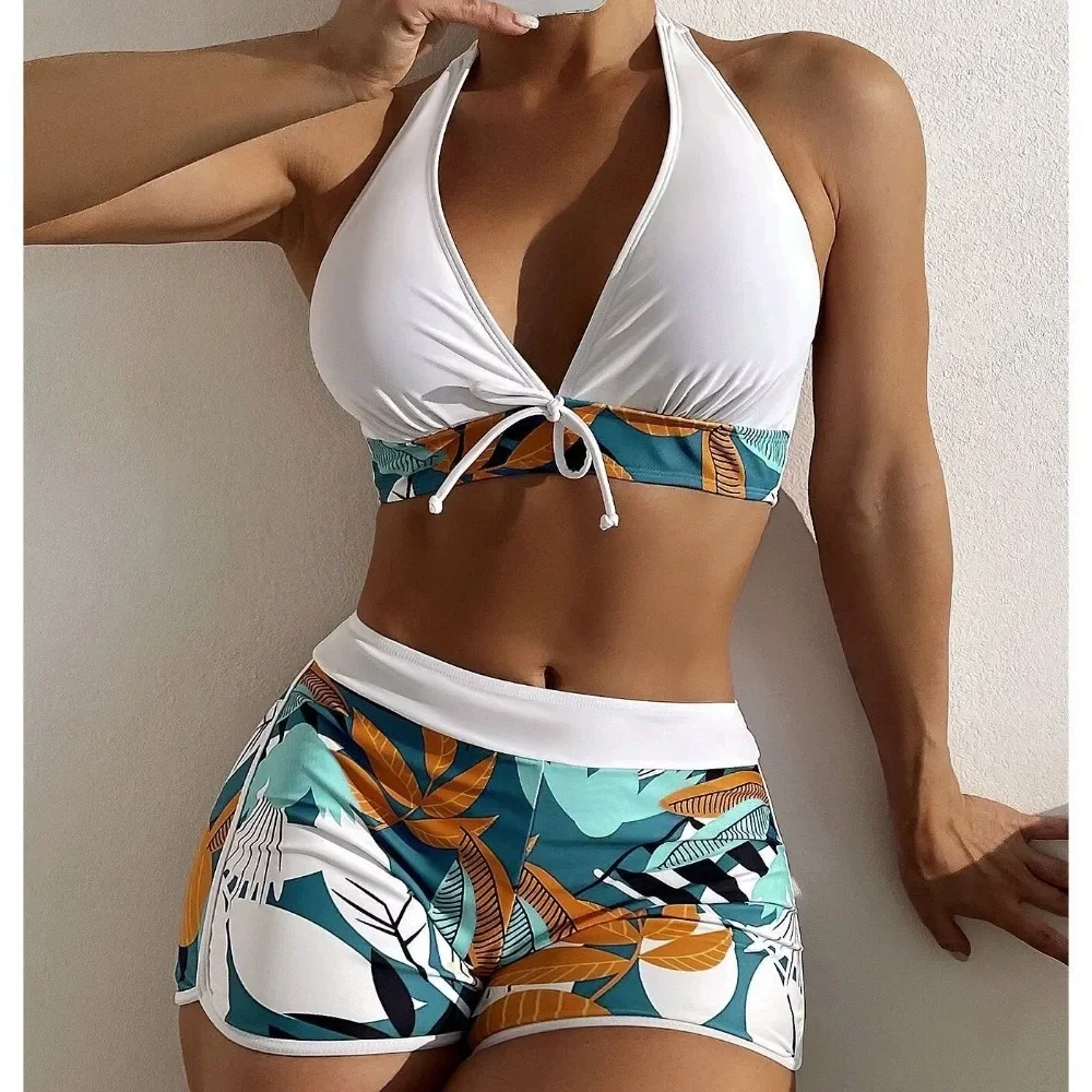 2024 Europe and The United States Swimsuit Women\'s Split High Waist Flat Angle Lace-up Print Solid Color Patchwork Swimsuit