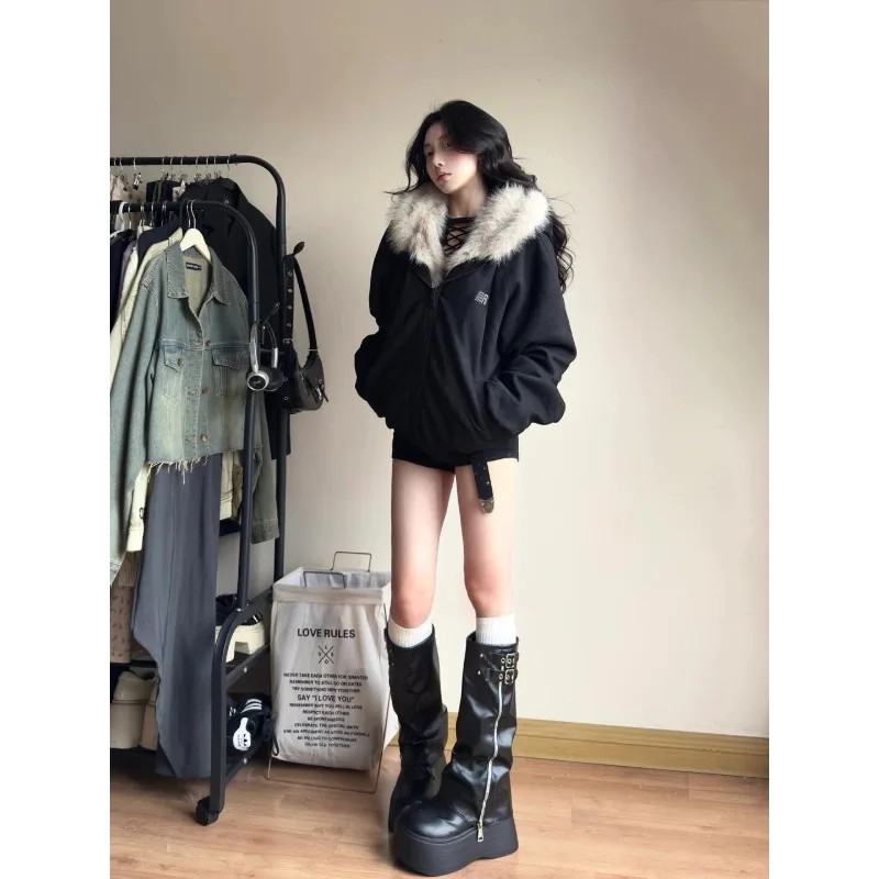 

Fashionable Patchwork Fur Collar with Cotton Jacket for Both Men and Women Autumn and Winter Thick Couple's Loose Hoodie