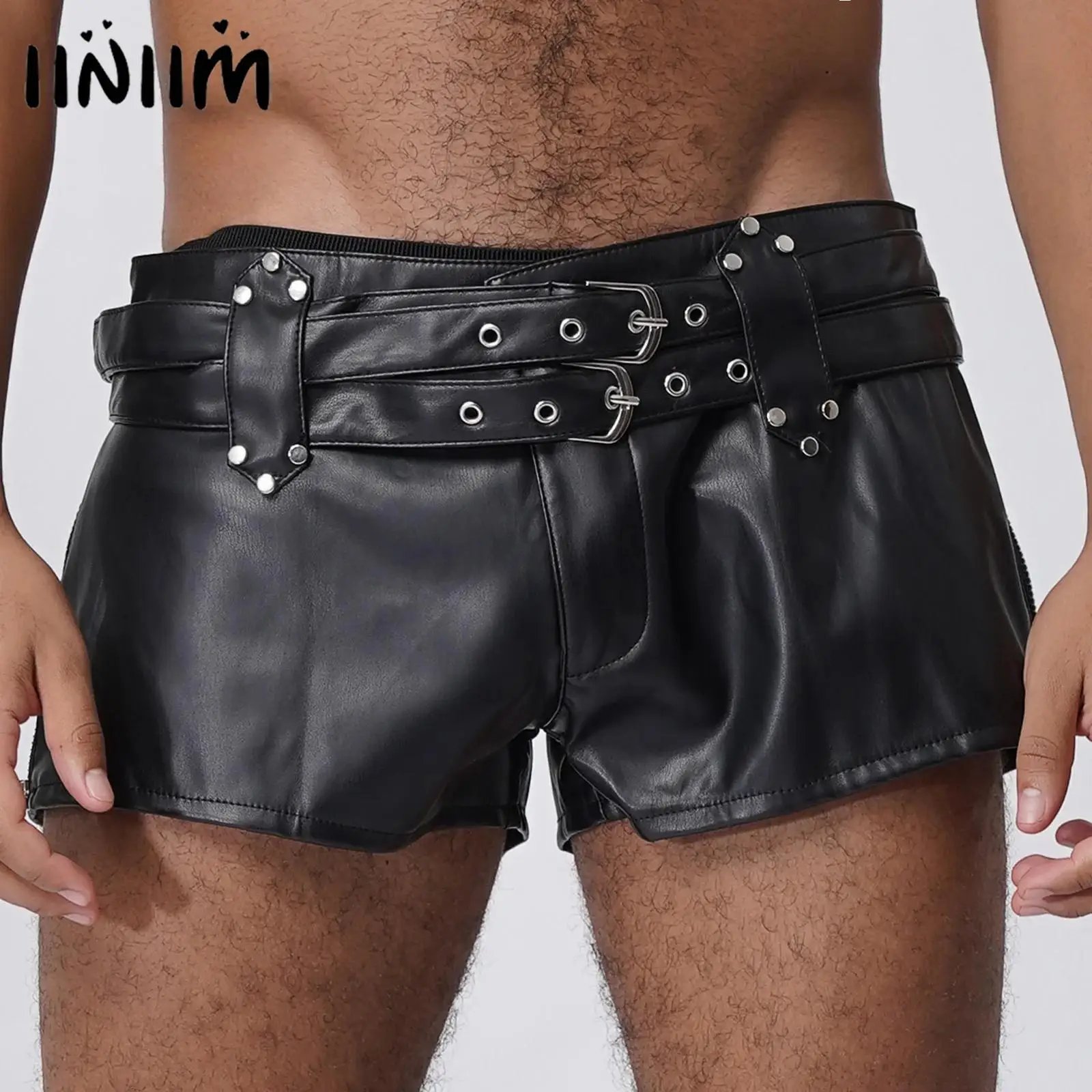 

Mens Zipper PU Leather Latex Hot Pants Low Rise Booty Shorts with Belts Nightclub Music Festival Raves Party Pole Dance Costume