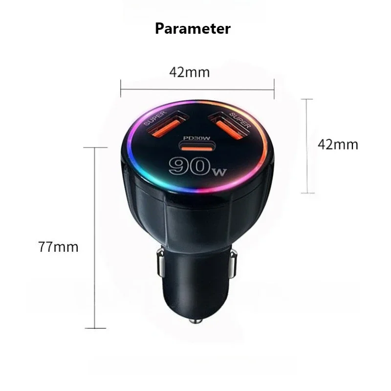 Caricabatteria da auto a 3 porte da 90 W Caricatore super veloce QC3.0 PD30W PPS Caricatore rapido per accendisigari ad alta potenza per iPhone/Huawei/Samsung