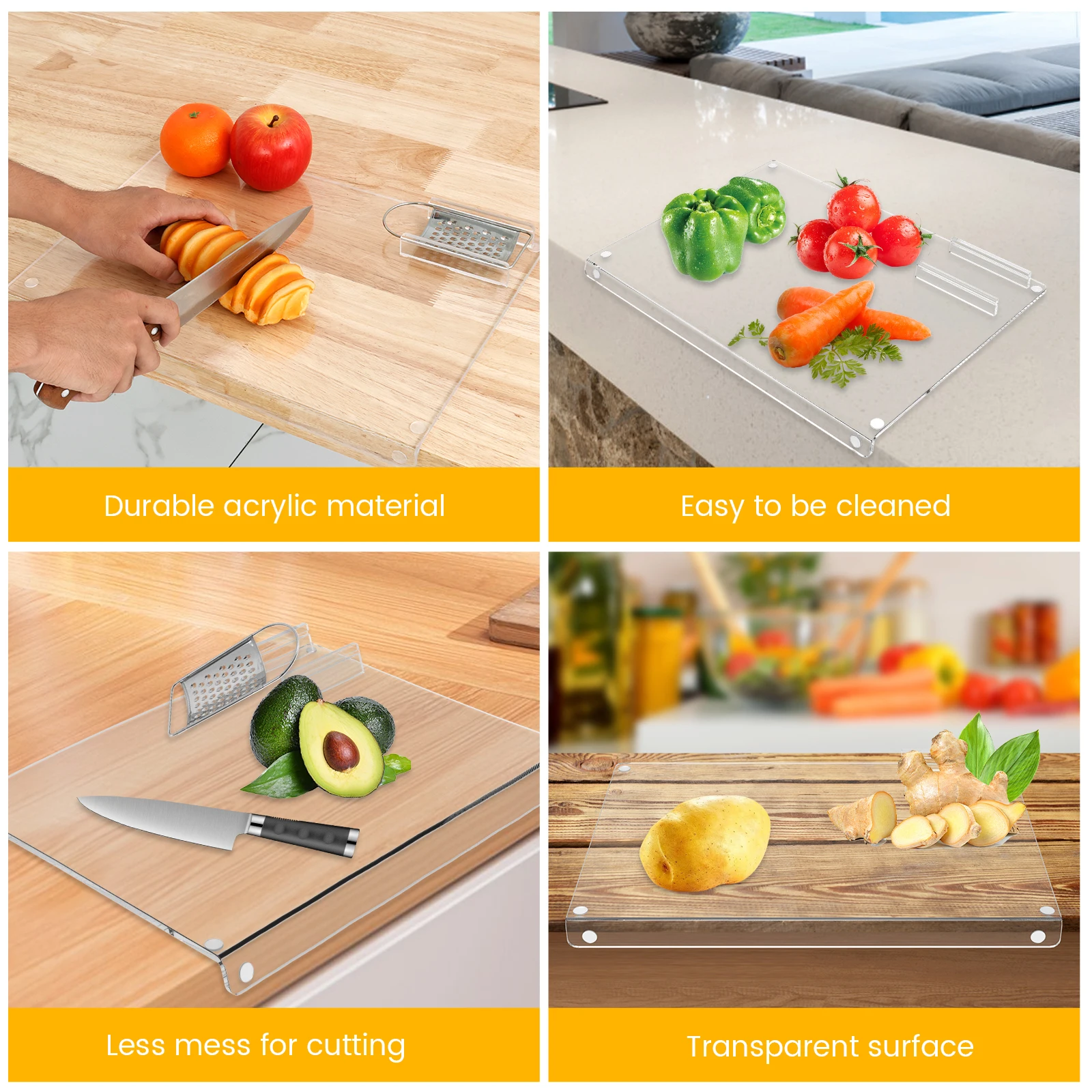 Acrylic Cutting Board with Round Nonslip Mats Food Grade Acrylic Chopping Board with Scraper Clear Cutting Board Reusable