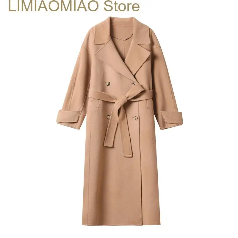 

New Women's double-sided velvet with belt coat coat medium length wool coat women's wool coat