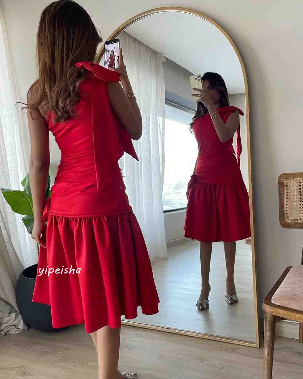 Vestido de quinceañera fruncido con lazo de un hombro a medida, vestido de ocasión hasta la rodilla