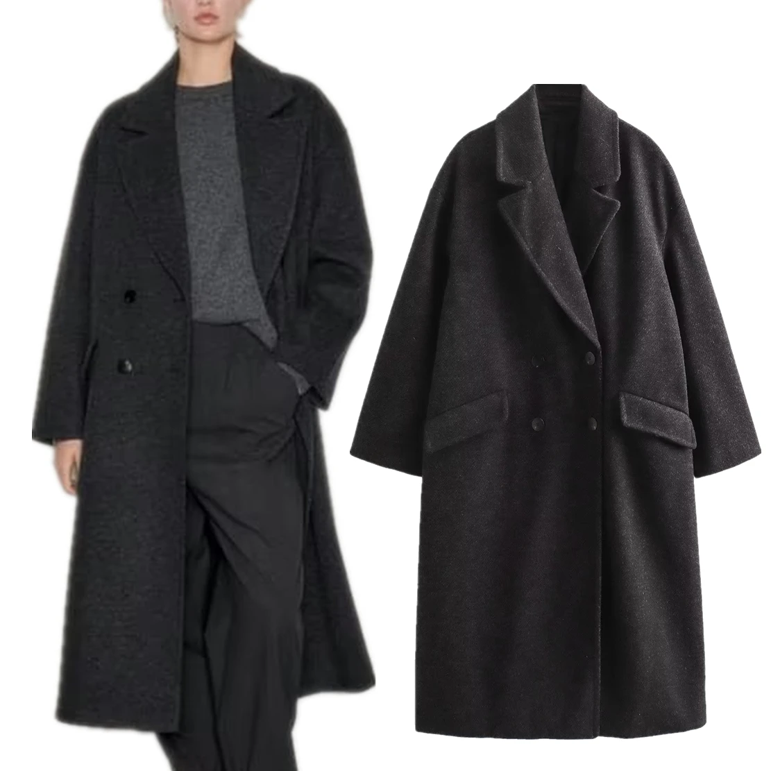 

Dave&Di British Woolen Trench Coat Grey Retro Loose Fashion Simple Winter Coat Women