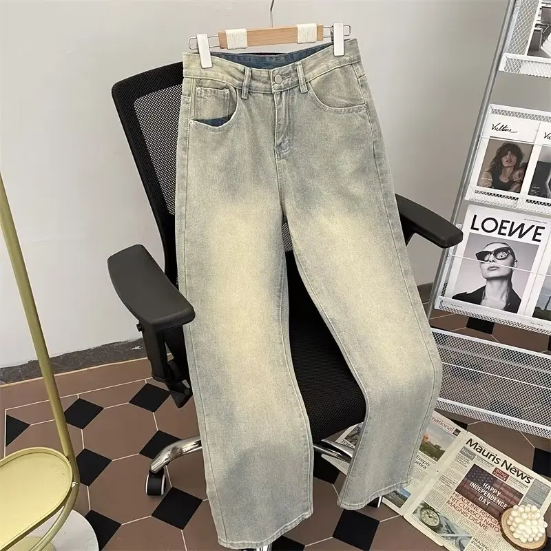 

Retro Waed American Vibe Men's Jeans Yellow Mud Color Casual Straight Leg Loose Fit Long Pants Autumn Trend Youth Sle