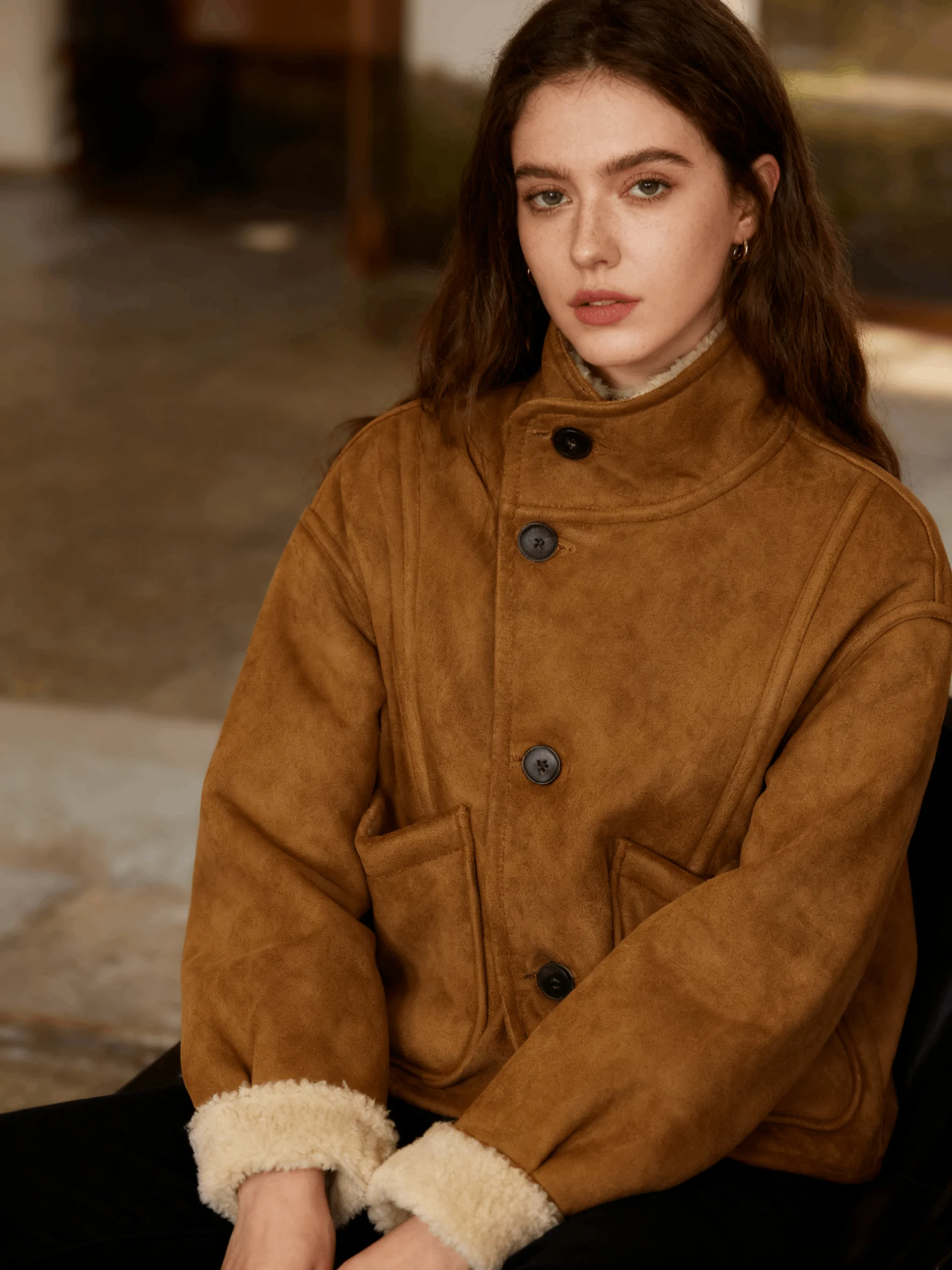 Single Breasted Stand-Up Collar Pockets Female Jackets Autumn Loose Coat Ladies Suede Plush Both Sides Women's Coat Jacket
