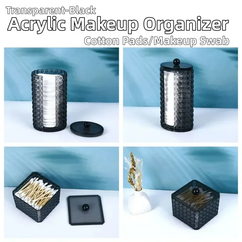 3 Kinds Optional Makeup Cotton Pads Organizer with Lid Translucent Black Plastic Makeup Swab Storage Box Lipstick Case image 2
