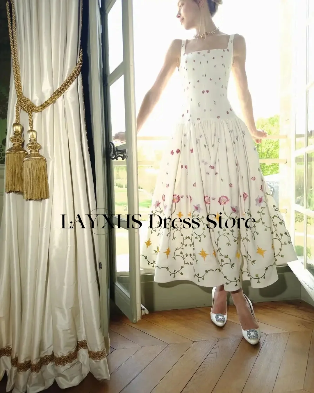 

LAYXHS Fashion Square Neck Evening Dresses A-Line Applique Pleat Prom Dresses Customized فساتين سهرة